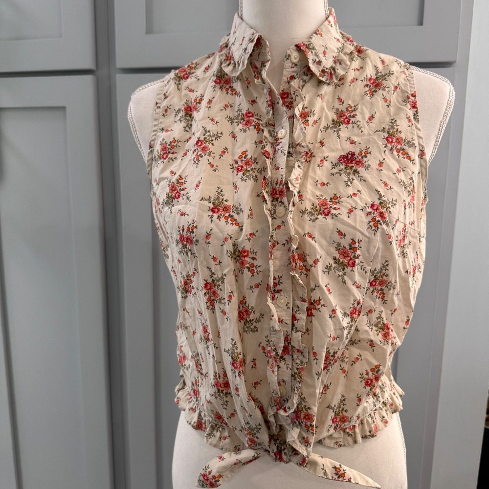 Lauren Ralph Lauren Floral Ruffle Tie Front Sleeveless Cotton Top Petite Medium
